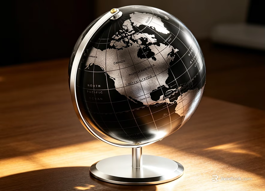 Silver Black Globe with Metal Stand on Wooden Table Under Sunlight 3d model 