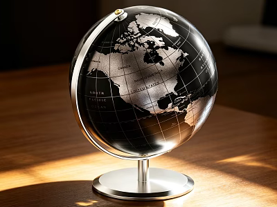 Silver Black Globe with Metal Stand on Wooden Table Under Sunlight 3d model