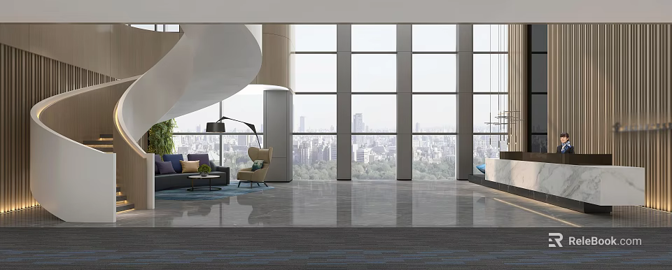 Modern Front Desk Reception Area With Large Windows City View And Comfortable Seating 3d model