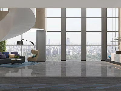 Modern Front Desk Reception Area With Large Windows City View And Comfortable Seating 3d model