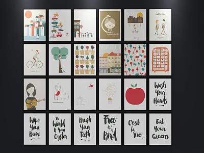 Character Illustrations In Various Styles With Trees Buildings And Text Slogans 3d model