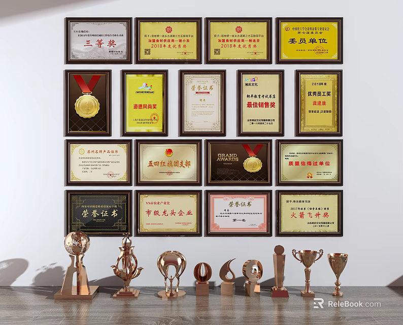 Elegant Trophy And Award Collection With Wall Mounted Display And Shelf Arrangement 3d model 