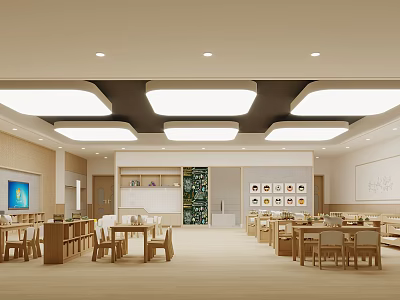 Book Art Interior Design With Bright Lighting Wooden Tables Chairs And Wall Artworks 3d model