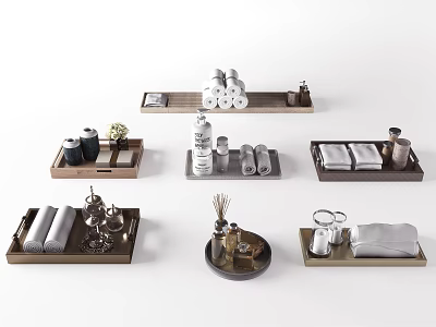 Stylish Bathroom Accessories Collection With Towels Trays Toiletry Bottles Cups And Diffusers 3d model