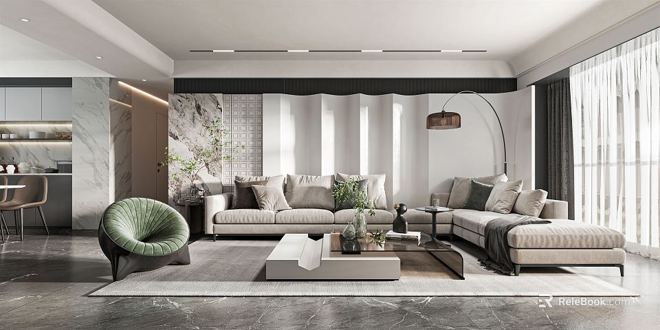 Modern Living And Dining Area With Sofas Round Chair And Plants 3d model 