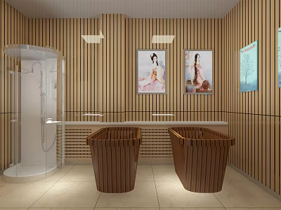 Modern Spacious Shower Sauna Interior With Wooden Panel Walls Sauna Buckets And Decorative Artworks 3d model