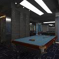 Modern Billiard Room Interior With Blue Pool Table Ceiling Lights And Patterned Carpet 3d model