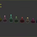Colored Glass Bottles Neatly Arranged On Gray Background With Various Hues