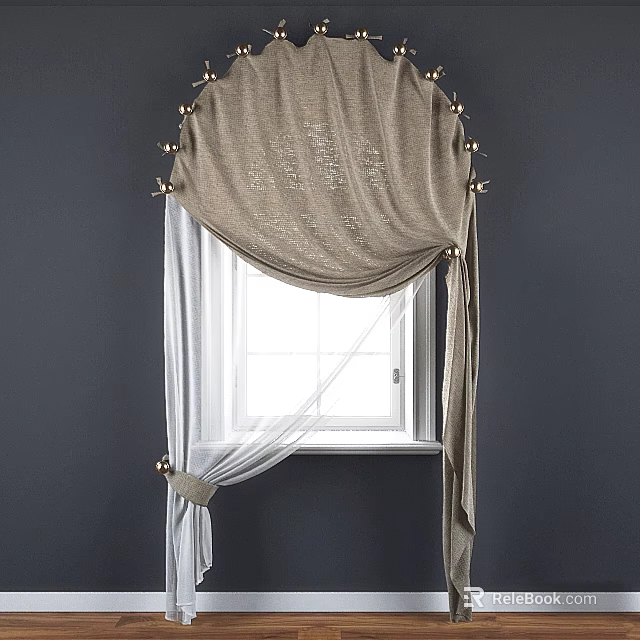 Beige Embroidered Curtains With Metal Hooks And White Sheer For Dark Gray Wall Window 3d model 