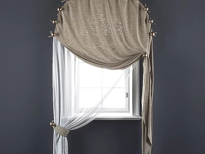 Beige Embroidered Curtains With Metal Hooks And White Sheer For Dark Gray Wall Window 3d model