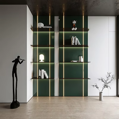 Modern Green Gold Accent Shelving Unit With Sculptures Books And Decorative Lamp 3d model