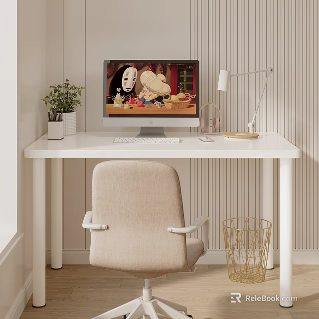 Study Room Interior With White Desk Computer Monitor Beige Chair Green Plant And Table Lamp 3d model 