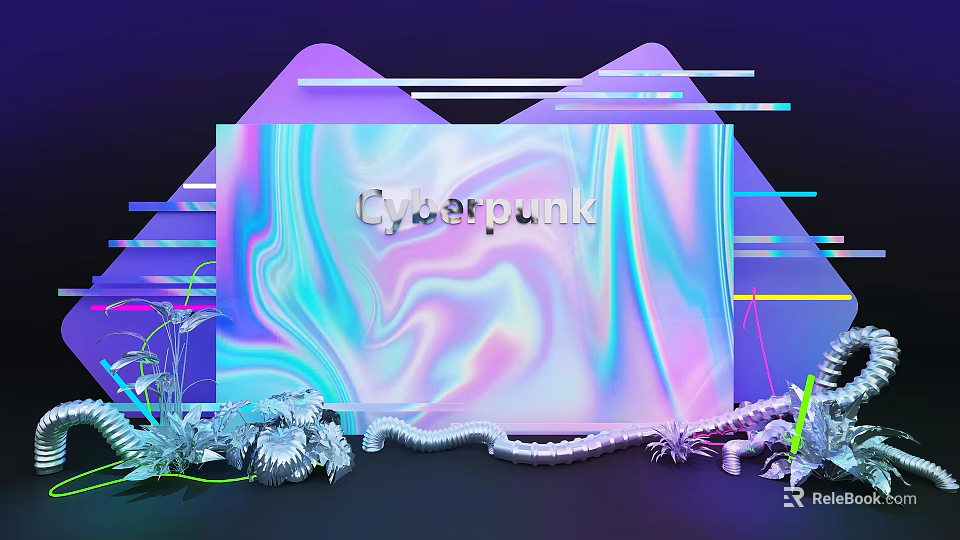 Cyberpunk Floral Art Installation With Neon Lines Gradient Purple Blue Background And Silver Floral Decorations 3d model 