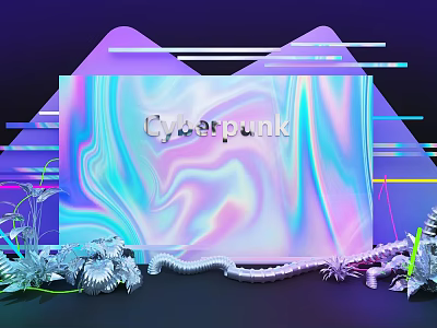 Cyberpunk Floral Art Installation With Neon Lines Gradient Purple Blue Background And Silver Floral Decorations 3d model