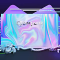 Cyberpunk Floral Art Installation With Neon Lines Gradient Purple Blue Background And Silver Floral Decorations