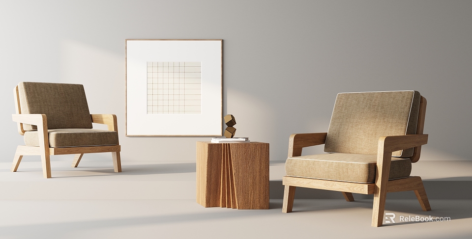 Minimalist Modern Leisure Chairs With Wooden Side Table And Geometric Wall Art 3d model 