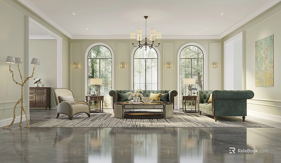 Elegant Living Room Interior Design With Light Green Walls Arched Windows And Chandelier 3d model 