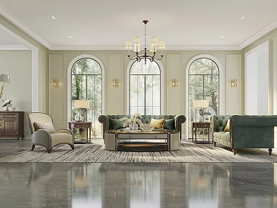 Elegant Living Room Interior Design With Light Green Walls Arched Windows And Chandelier 3d model