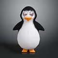 Penguin with black back white belly orange feet and big eyes on gray background