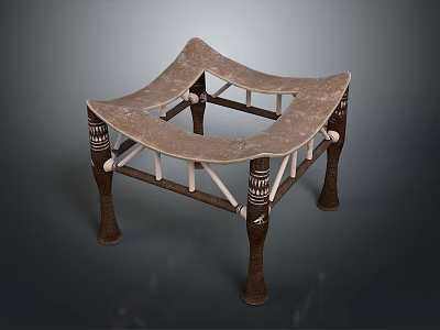 Traditional Wooden Stool Featuring Curved Seat Carved Legs And Crossed Support Structure 3d model