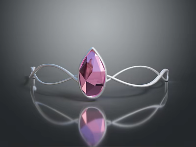 Elegant Silver Hair Tiara Featuring Pink Teardrop Gemstone and Swirl Design 3d model