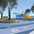 Vibrant Children's Play Area With Airplane Shaped Playground Equipment Trees And Colorful Ground