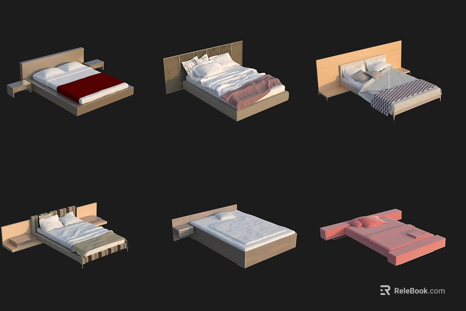 Double Bed Designs In Background With Modern Headboards And Colorful Sheets 3d model