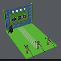 Interactive Zone For Target Shooting Game With Bullseye Targets Arrow Launchers And Green Floor