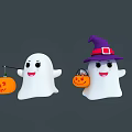 Cute Halloween Ghost Decorations With Witch Hat And Pumpkin Lanterns 3d model
