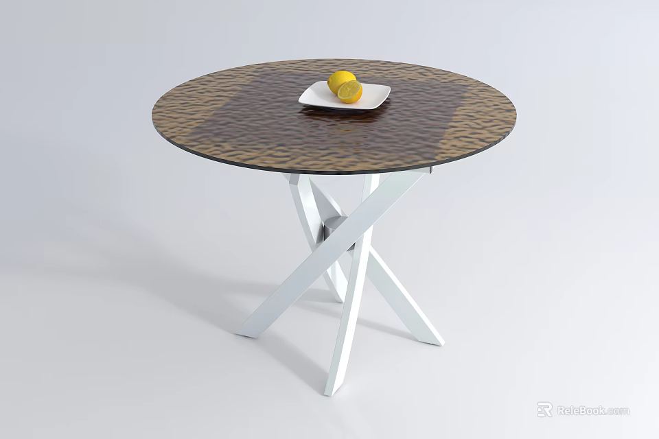 Round Coffee Table With Brown Top White Cross Legs And White Plate With Lemon 3d model 