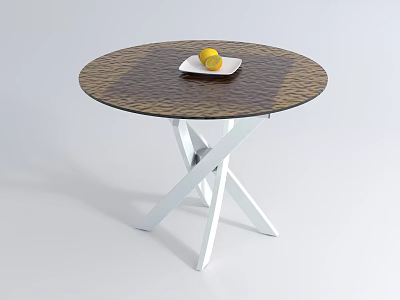 Round Coffee Table With Brown Top White Cross Legs And White Plate With Lemon 3d model