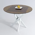 Round Coffee Table With Brown Top White Cross Legs And White Plate With Lemon