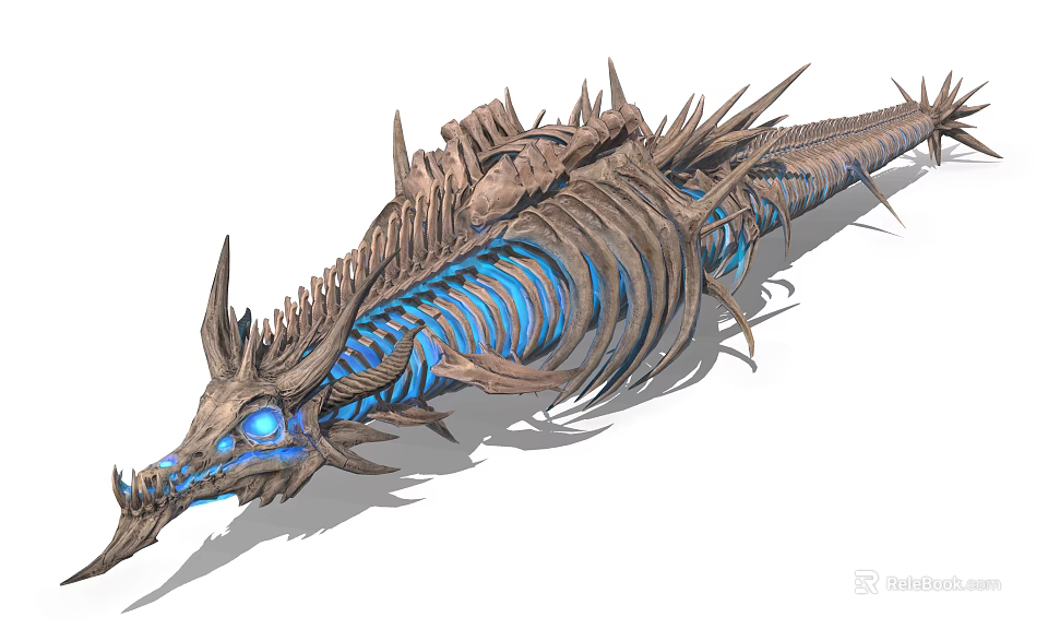 Game Fantasy Skeleton Dragon Character with Sharp Bones and Blue Glowing Internal Structure 3d model 