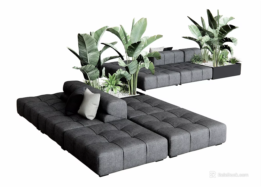 Gray Upholstered Modular Sectional Sofa with Large Leafy Plants and Accent Pillow Modern Design 3d model