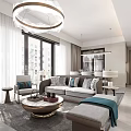 Modern Open Living and Dining Room With Sofa Coffee Table Chandelier Floor to Ceiling Windows
