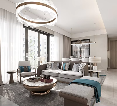 Modern Open Living and Dining Room With Sofa Coffee Table Chandelier Floor to Ceiling Windows 3d model