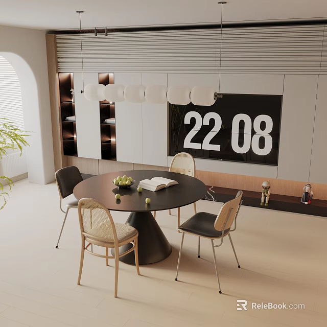 Modern Round Dining Table Set with Chairs Green Plant Hanging Lights and Digital Clock 3d model 