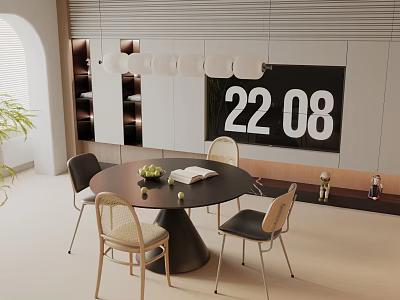 Modern Round Dining Table Set with Chairs Green Plant Hanging Lights and Digital Clock 3d model