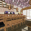 Traditional Japanese Restaurant Interior With Wooden Bar High Chairs Cherry Blossom Lanterns And Order Screens