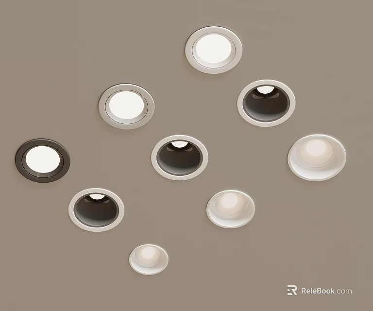 Round Recessed Ceiling Lights In Various Sizes And Colors On Gray Background 3d model 