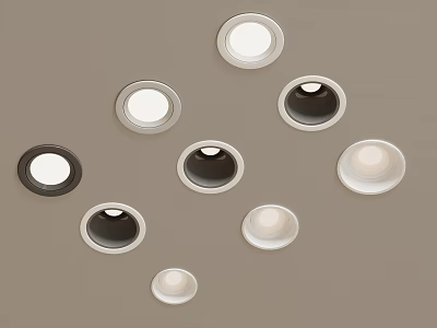Round Recessed Ceiling Lights In Various Sizes And Colors On Gray Background 3d model