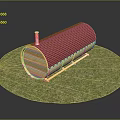 Wooden Barrel Shaped Structure With Red Checkered Roof And Metal Chimney On Green Grass