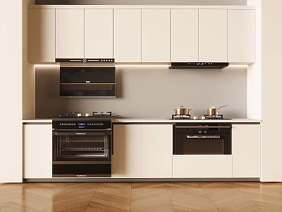 Modern Kitchen With Built In Black Appliances White Cabinets Stovetop Oven And Range Hoods 3d model