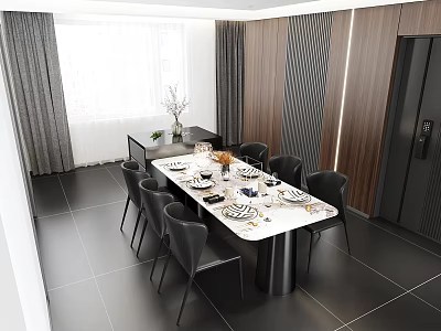 Modern Dining Table Set with Gray Chairs White Tabletop and Decorations In Contemporary Room Interior 3d model