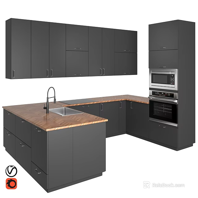 Stylish Dark Gray Kitchen Cabinets Interior With Wooden Countertop Island Sink Oven And Microwave 3d model 
