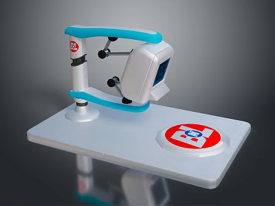 White Blue Mechanical Arm Biological Research Equipment With Red Circular Logo 3d model