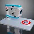 White Blue Mechanical Arm Biological Research Equipment With Red Circular Logo