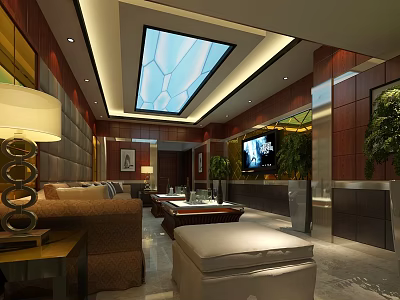 Modern Clubhouse Interior Design With Skylight Sofa Coffee Table TV And Plants 3d model