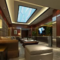 Modern Clubhouse Interior Design With Skylight Sofa Coffee Table TV And Plants