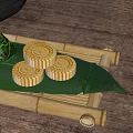 Traditional Chinese Zongzi and Mooncakes on Reed Leaves with Bamboo Tray and Porcelain Vase